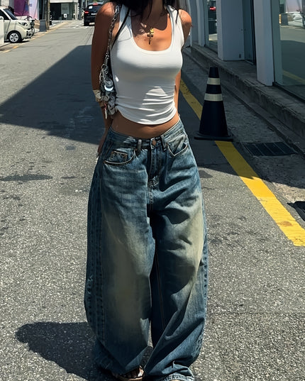 Vintage-Inspired Washed Blue Straight-Leg Jeans for Women - Casual Loose Fit, Versatile Denim Pants with Slash Pockets - SeviSa