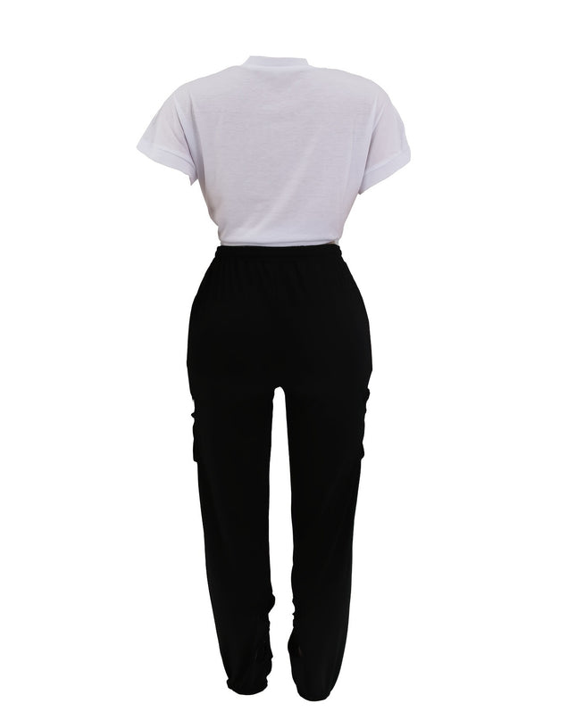 Casual Solid Two-piece Set, Short Sleeve Tie Front T-shirt & Cut Out Clover High Waist Pants Outfits, Women's Clothing