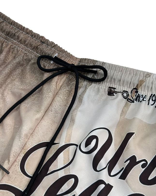 Men's Retro Motorcycle Print Shorts | Urban Legend Bobber | Vintage Biker Graphic | Polyester with Drawstring Waistband | Machine Washable | Casual Summer Wear, Motorcycle Apparel | Retro Bobber Design | Smooth Texture Fabric - SeviSa