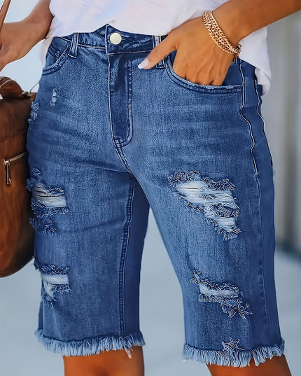 Women's 2025 Summer New Stretch Tummy Control Raw Hem Ripped Jean Shorts, Retro Light Blue Washed Slim Fit Mid-Length Fringe High Waist Denim Pants with Pockets, 90s Ladies' Clothing, Comfort Street Style Casual Pants Fit for - SeviSa