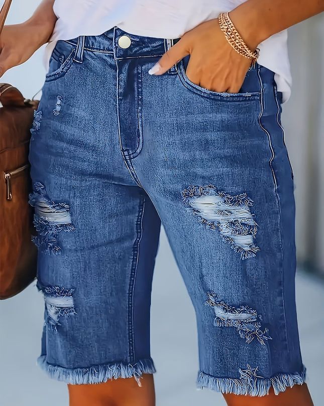 Women's 2025 Summer New Stretch Tummy Control Raw Hem Ripped Jean Shorts, Retro Light Blue Washed Slim Fit Mid-Length Fringe High Waist Denim Pants with Pockets, 90s Ladies' Clothing, Comfort Street Style Casual Pants Fit for - SeviSa
