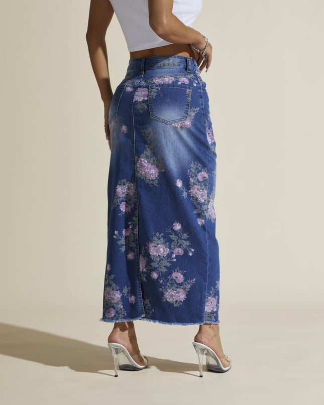 Floral Print Elegant Vintage Style Split Hem Whiskering Maxi Denim Skirt, Women's Denim Jeans & Clothing - SeviSa