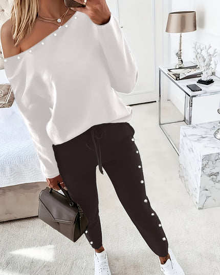 Women'S Stylish Off-Shoulder White Top & Black Pants Two-Piece Set - Casual Long Sleeve, Scoop Neck, Polyester Blend, Pockets, Drawstring Waist, Spring/Summer Casual Wear, Casual Attire|Scoop Neck Top|Polyester Blend