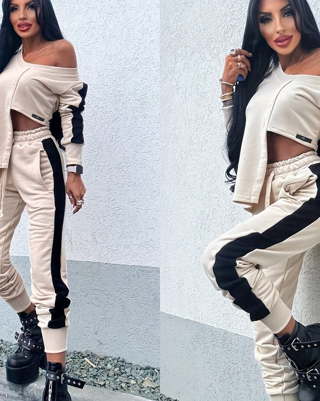 1set Elegant Women'S Polyester Knit Fabric Patchwork Outfit - One Shoulder V-Neck Long Sleeve Top with Irregular Design and Drawstring Pants with Pockets - All-Season Casual Wear
