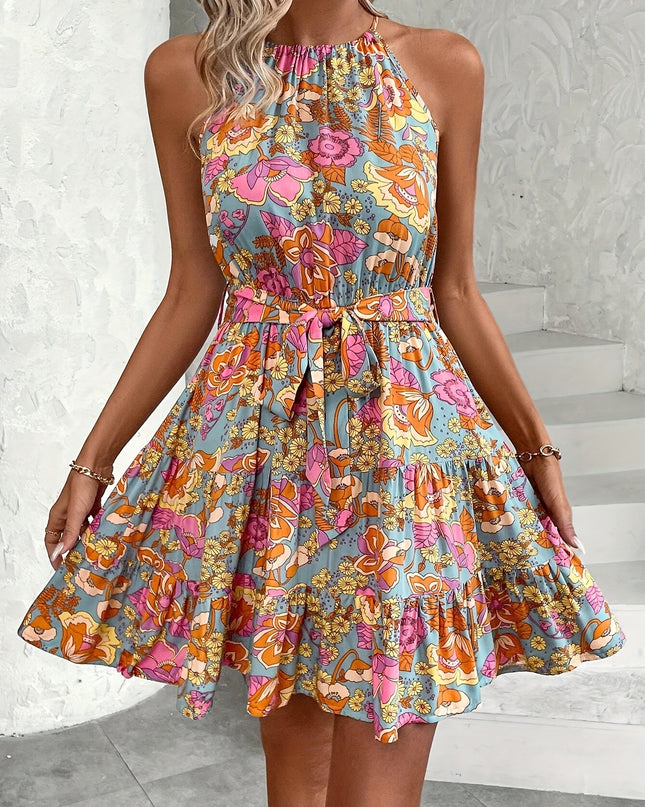 Vibrant Floral Print Off-Shoulder Midi Dress with Elastic Waist and Ruffled Hem - Casual Summer Sun Dress for Women, A-Line Silhouette, Lightweight Polyester Fabric, Perfect for Beach Outings or Stylish Evenings, Casual Outin - SeviSa