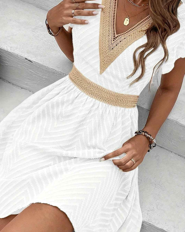 Elegant French Lace V-Neck A-Line Dress for Women - Chic Summer Sleeveless Dress with Contrast Lace Detailing, Lightweight Polyester Blend, Perfect for Casual or Formal Occasions, Lace Dress