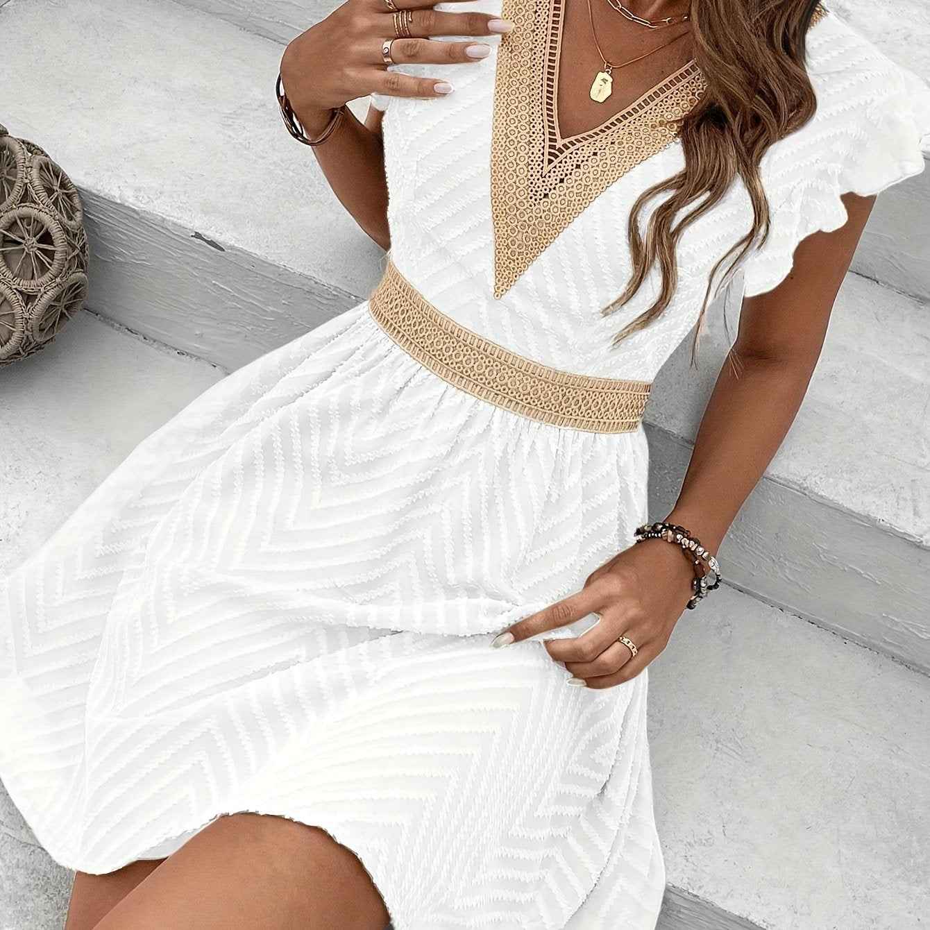 Elegant French Lace V-Neck A-Line Dress for Women - Chic Summer Sleeveless Dress with Contrast Lace Detailing, Lightweight Polyester Blend, Perfect for Casual or Formal Occasions, Lace Dress