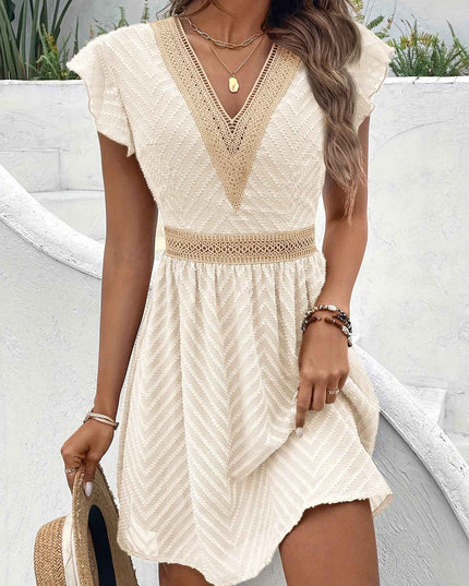 Elegant French Lace V-Neck A-Line Dress for Women - Chic Summer Sleeveless Dress with Contrast Lace Detailing, Lightweight Polyester Blend, Perfect for Casual or Formal Occasions, Lace Dress
