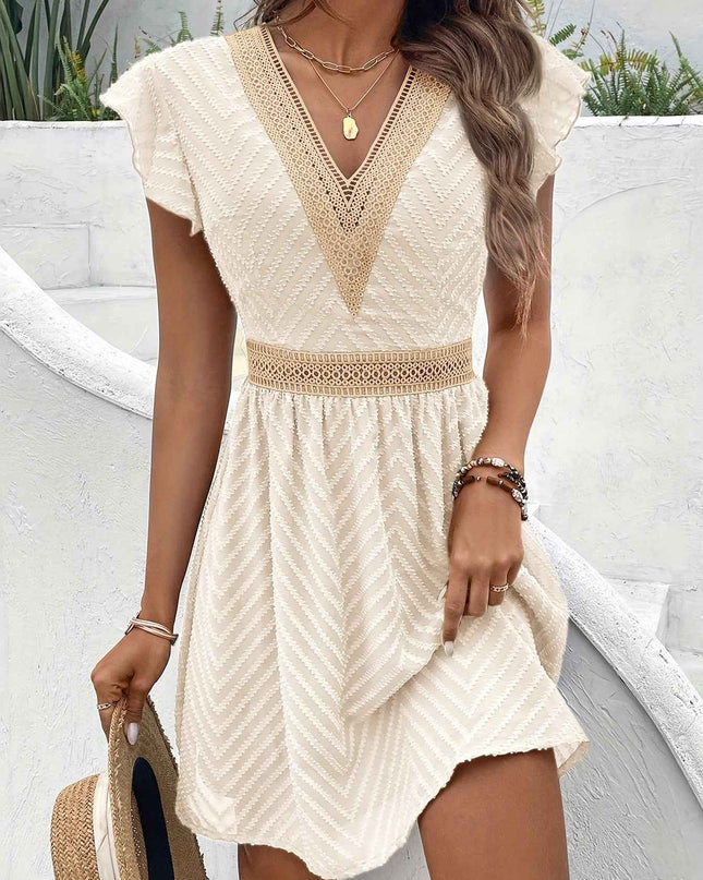 Elegant French Lace V-Neck A-Line Dress for Women - Chic Summer Sleeveless Dress with Contrast Lace Detailing, Lightweight Polyester Blend, Perfect for Casual or Formal Occasions, Lace Dress