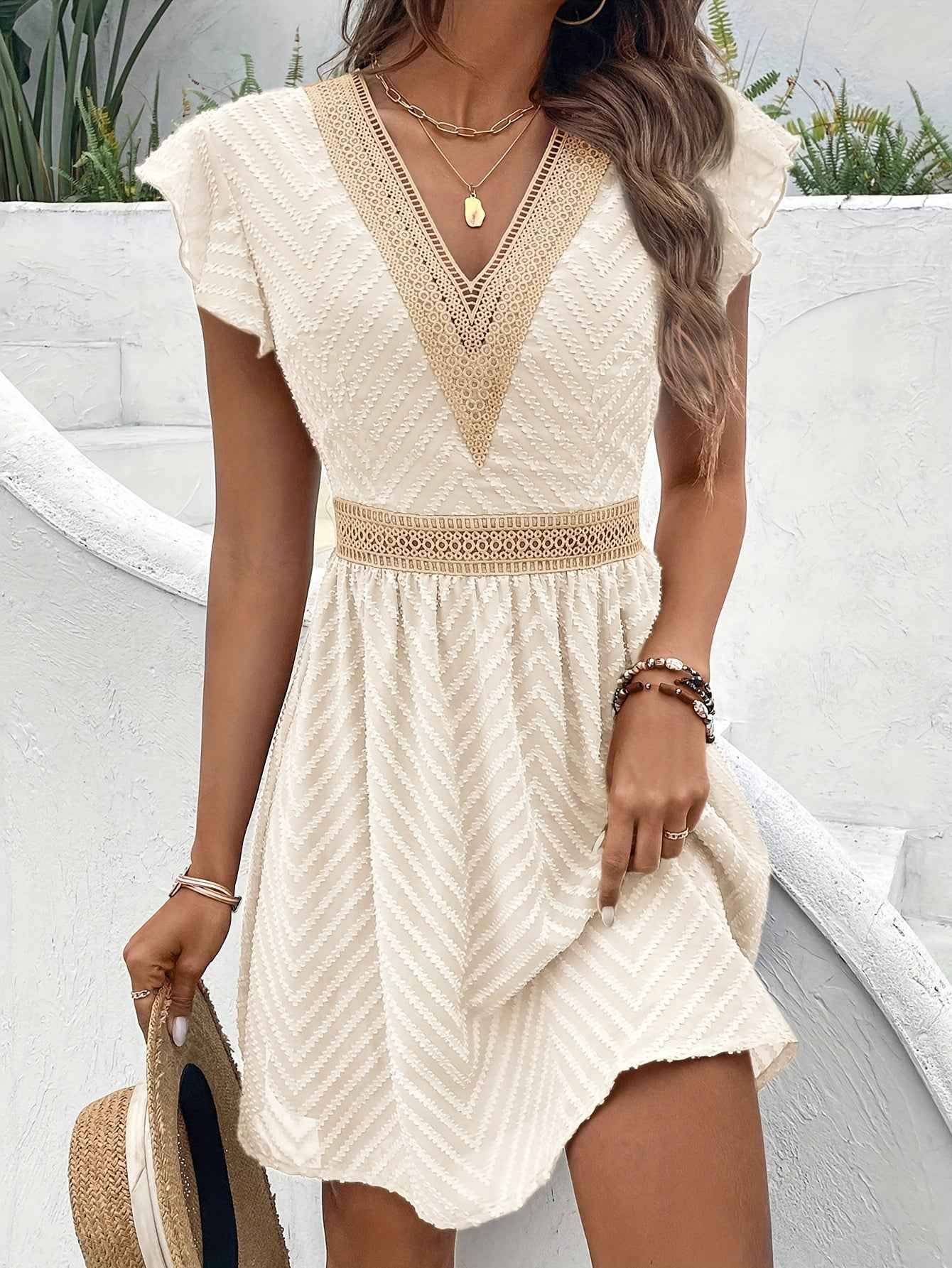 Elegant French Lace V-Neck A-Line Dress for Women - Chic Summer Sleeveless Dress with Contrast Lace Detailing, Lightweight Polyester Blend, Perfect for Casual or Formal Occasions, Lace Dress