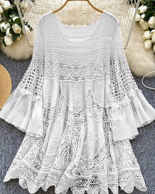 Women's Bohemian Vintage Lace- Dress - Long Sleeve A-Line Midi Dress with Crochet Cut-Out Details, Semi-Sheer Round Neck Boho Dress for Casual & Formal Occasions, Cute Dresses, Special Occasion Wear, Intricate Crochet Design - SeviSa