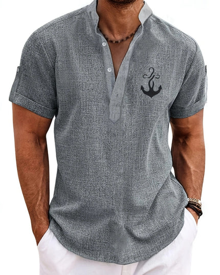 Men's Letter Print "FAITH" Short Sleeve Stand Collar Henley Shirt, Casual And Chic Tops For Summer Business And Outdoors Leisurewear - SeviSa