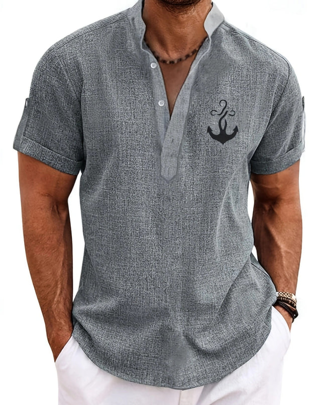 Men's Letter Print "FAITH" Short Sleeve Stand Collar Henley Shirt, Casual And Chic Tops For Summer Business And Outdoors Leisurewear - SeviSa