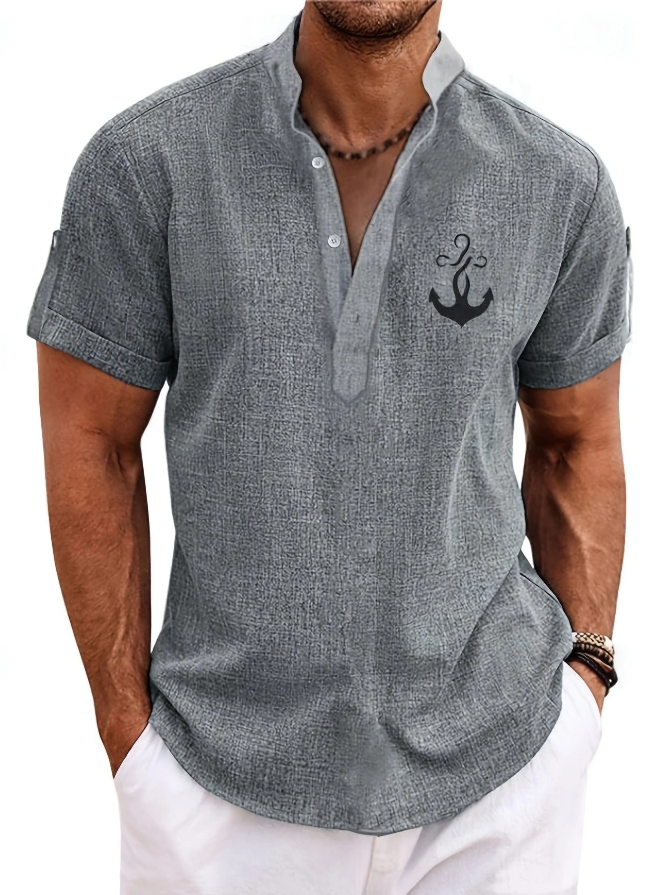 Men's Letter Print "FAITH" Short Sleeve Stand Collar Henley Shirt, Casual And Chic Tops For Summer Business And Outdoors Leisurewear - SeviSa