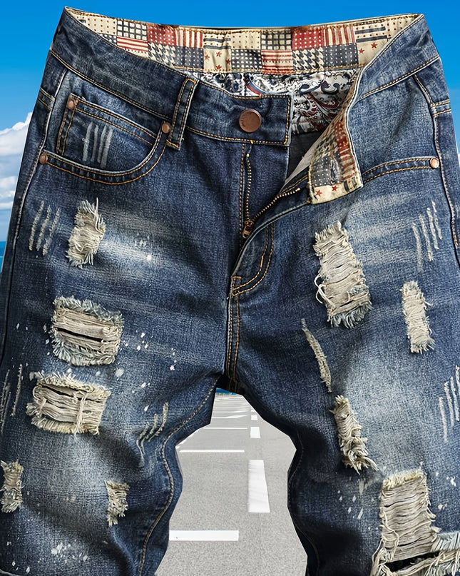 Men'S Plus Size Slim Fit Denim Shorts - Casual Ripped Jeans Style, Stretch Fabric, Solid Color, Mid-Rise, Ankle-Length with Button Closure, Summer Essential, Relaxed Fit Shorts | Distressed Denim Shorts | Comfortable Denim Sh - SeviSa