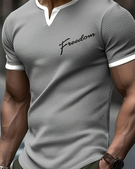 Men's Alphabet Print "FREEDOM" Waffle Knit T-shirt, V-neck And Short Sleeve Tee, Tops Perfect For Summer Fitness And Outdoors Activities - SeviSa