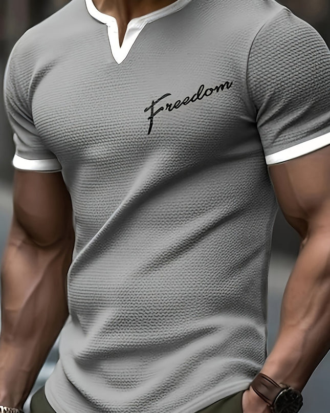 Men's Alphabet Print "FREEDOM" Waffle Knit T-shirt, V-neck And Short Sleeve Tee, Tops Perfect For Summer Fitness And Outdoors Activities - SeviSa