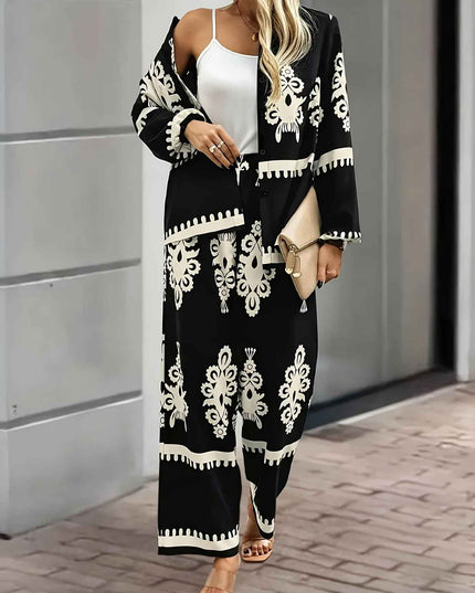 Women'S Stylish Black and White Paisley Print Two-Piece Set - Square Neck, Button-Up Blazer with Matching Pants, Perfect for Spring/Summer, Casual Attire|Paisley Print|Square Neckline, Pants Piece
