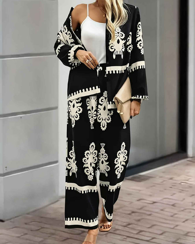 Women'S Stylish Black and White Paisley Print Two-Piece Set - Square Neck, Button-Up Blazer with Matching Pants, Perfect for Spring/Summer, Casual Attire|Paisley Print|Square Neckline, Pants Piece
