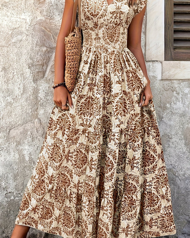 V-Neck Ruffled Hem Maxi Dress - Summer Beach Skirt with Floral Print, Cinched Waist & Flared Skirt, Lightweight Polyester for Adults, Beach Dresses - SeviSa