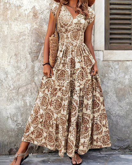 V-Neck Ruffled Hem Maxi Dress - Summer Beach Skirt with Floral Print, Cinched Waist & Flared Skirt, Lightweight Polyester for Adults, Beach Dresses - SeviSa