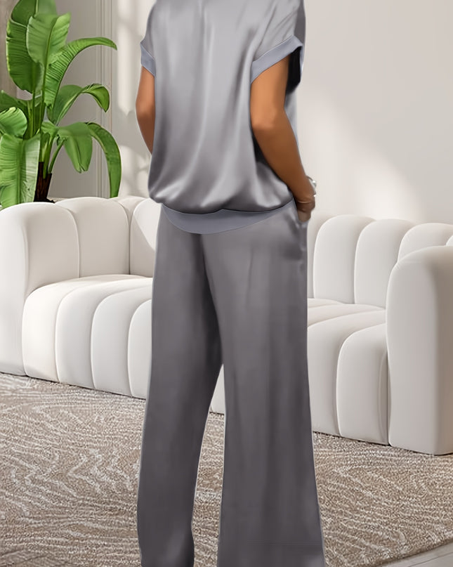 Women'S Elegant Lavender Polyester Pajama Set - Short Sleeve, Round Neck, Wide Leg Pants with Pockets, Perfect for Spring/Summer Home Wear, Relaxed Fit Pajamas|Elegant Pajama Set|Polyester Fabric