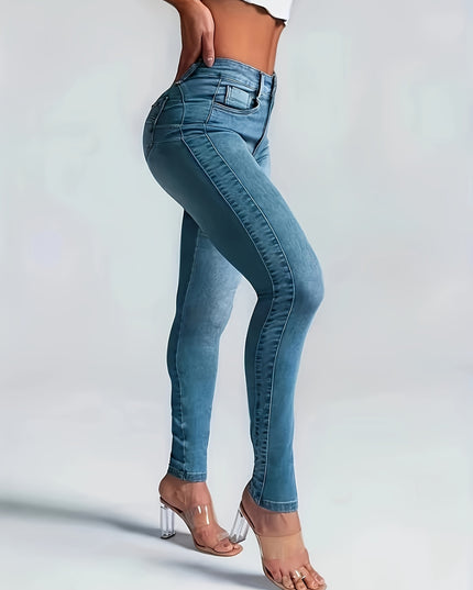 Women's Sexy High-Waisted Skinny Jeans, Stretch Denim, Plain Casual Fashion Pants, Light Blue For Fall - SeviSa