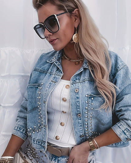 European and American Women's open-front studded short jacket with an OVERSIZE fit, size runs large; if you prefer a slim fit, consider purchasing one size smaller - SeviSa
