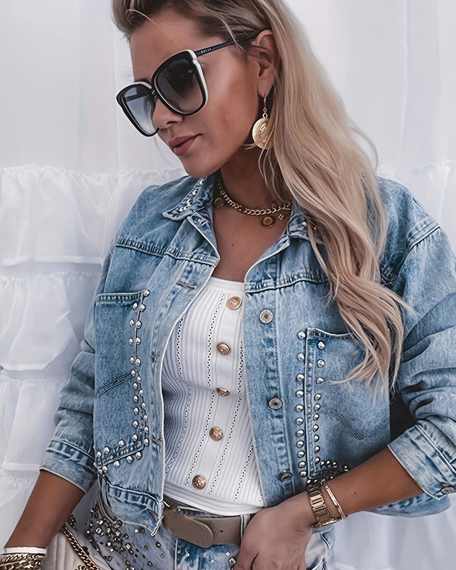 European and American Women's open-front studded short jacket with an OVERSIZE fit, size runs large; if you prefer a slim fit, consider purchasing one size smaller - SeviSa