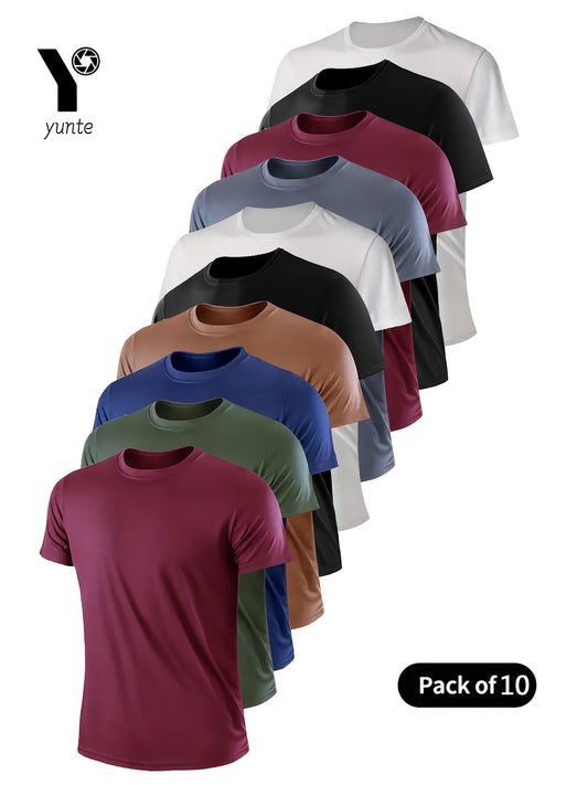 10pcs Men's Quick-Dry Athletic T-Shirts - Breathable, Moisture-Wicking Short Sleeve Shirts for Gym, Running & Training, Lightweight & Comfortable, Assorted Colors (Burgundy, Army Green, Navy, Khaki, Black, White, Gray, Maroon - SeviSa