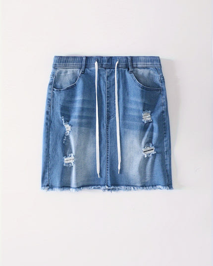 Women'S Bodycon Denim Short Skirt, Casual Ripped Distressed Design, Medium Stretch, Drawstring Waist, Solid Color, Woven Fabric, 320g/m² Lining Weight, for Spring/Summer/Fall - SeviSa
