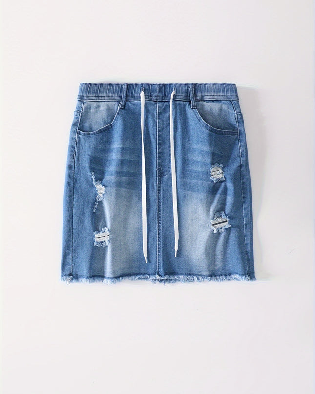 Women'S Bodycon Denim Short Skirt, Casual Ripped Distressed Design, Medium Stretch, Drawstring Waist, Solid Color, Woven Fabric, 320g/m² Lining Weight, for Spring/Summer/Fall - SeviSa