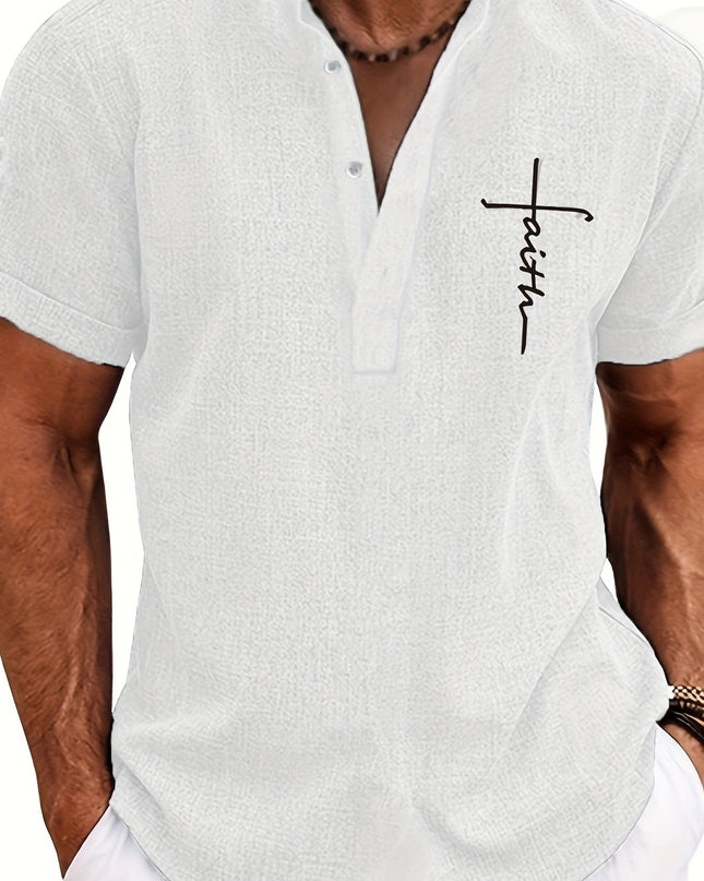 Men's Letter Print "FAITH" Short Sleeve Stand Collar Henley Shirt, Casual And Chic Tops For Summer Business And Outdoors Leisurewear - SeviSa