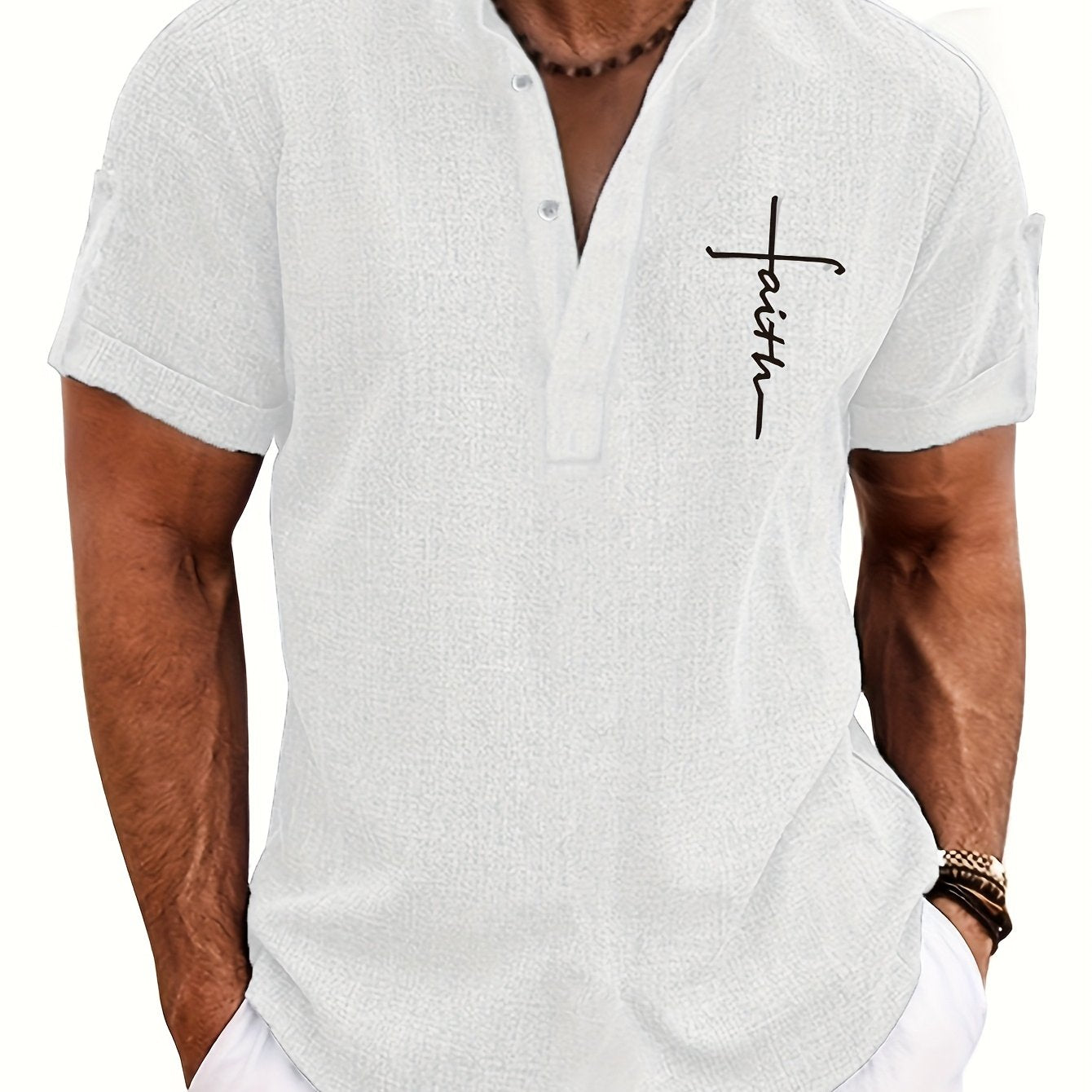 Men's Letter Print "FAITH" Short Sleeve Stand Collar Henley Shirt, Casual And Chic Tops For Summer Business And Outdoors Leisurewear - SeviSa