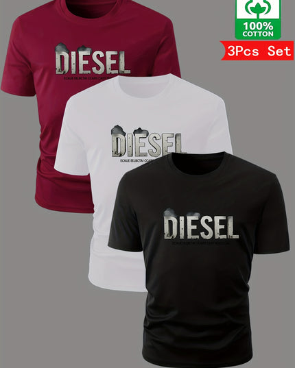 3pcs Men'S Diesel Graphic T-Shirts - 100% Cotton Breathable Summer Short Sleeve Tops, Regular Fit Round Neck Casual Tees with Bold Diesel Logo for Outdoor & Casual Attire, Machine Washable, Everyday Tshirt, Bold Graphic Tee, - SeviSa