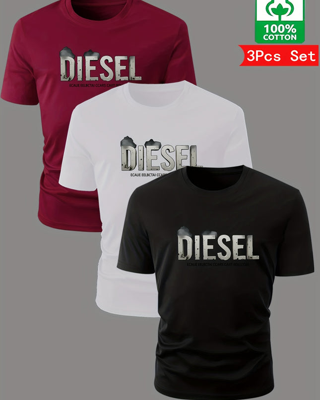 3pcs Men'S Diesel Graphic T-Shirts - 100% Cotton Breathable Summer Short Sleeve Tops, Regular Fit Round Neck Casual Tees with Bold Diesel Logo for Outdoor & Casual Attire, Machine Washable, Everyday Tshirt, Bold Graphic Tee, - SeviSa