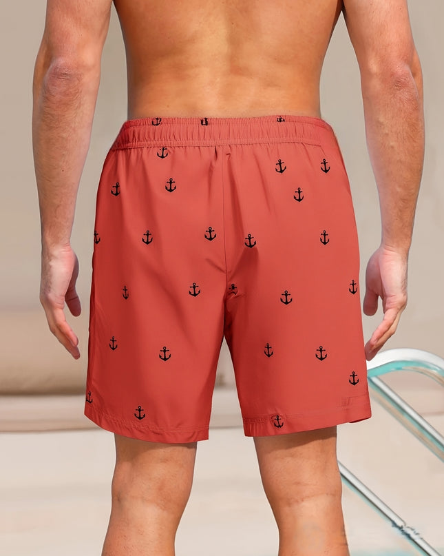 Men'S Plus Size Casual Beach Shorts - Double Layer, Quick-Dry, Drawstring Waist, Print Anchor Design, Red, Perfect for Tropical Vacations & Summer Sports, Beach Short - SeviSa