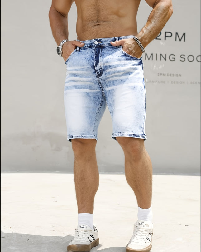 Plus Size Men's Heavy-Distressed Stretch Denim Shorts - Slim Fit Casual Summer Shorts with Pockets, Machine Washable, Blue & White Washed Design, Comfortable Wear, Durable Fabric, PLUS SIZE - SeviSa