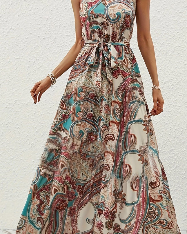 Elegant Bohemian Maxi Dress with Lace-Up Detail - High-Waisted, Sleeveless, Floral Print, Light Brown and Blue, Perfect for Adult Women, All-Season Versatile, Adult Women'S Dress|Floral Print Dress|Laceup Detail - SeviSa
