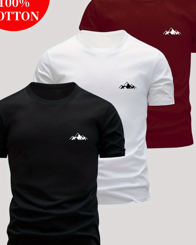 3pcs Men's 100% Cotton Slim Fit T-Shirts - Soft Breathable Short Sleeve Crew Neck Tees with Minimalist Letter Print, Black/White/Navy Blue for Summer Casual Wear, Everyday Comfort, Skinfriendly Fabric - SeviSa