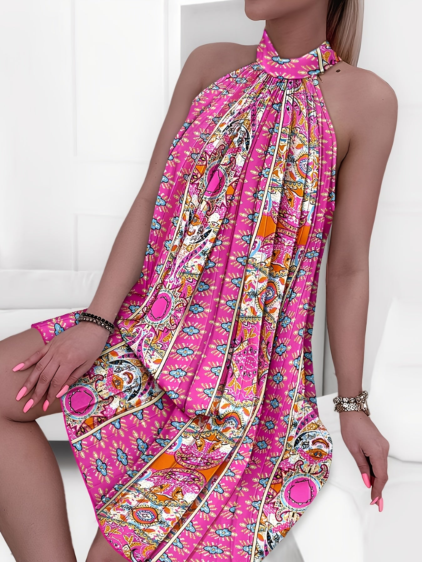 Elegant Floral Print Sleeveless Maxi Dress with Tie-Shoulder Detail - Vibrant Pink, Blue, Orange & Green Patterns, Flowy A-Line Skirt, Perfect for Summer Outings, Casual Summer Dress | Floral Print Dress | Polyester Fabric - SeviSa