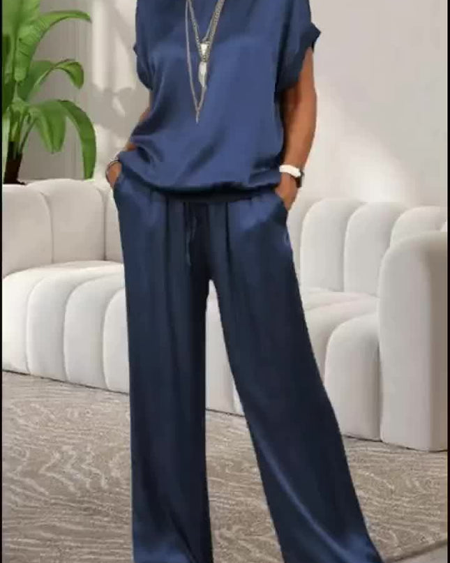 Women'S Elegant Lavender Polyester Pajama Set - Short Sleeve, Round Neck, Wide Leg Pants with Pockets, Perfect for Spring/Summer Home Wear, Relaxed Fit Pajamas|Elegant Pajama Set|Polyester Fabric