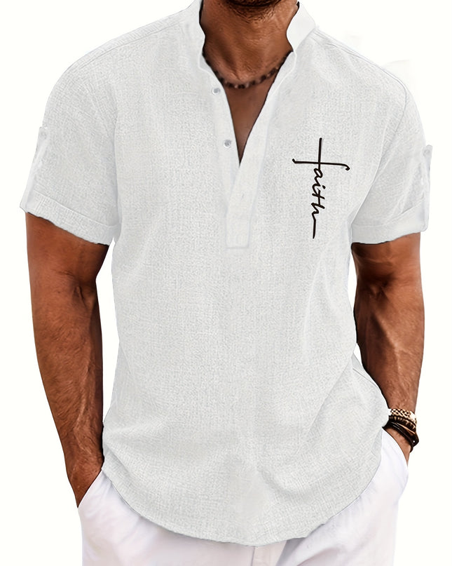Men's Letter Print "FAITH" Short Sleeve Stand Collar Henley Shirt, Casual And Chic Tops For Summer Business And Outdoors Leisurewear - SeviSa