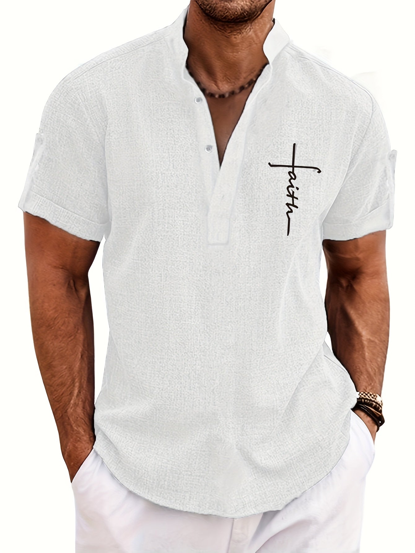 Men's Letter Print "FAITH" Short Sleeve Stand Collar Henley Shirt, Casual And Chic Tops For Summer Business And Outdoors Leisurewear - SeviSa