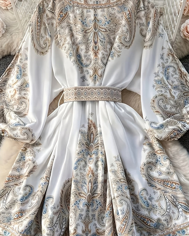 Elegant Floral Print V-Neck Midi Dress with Belt - Long Sleeve, A-Line Silhouette, Spring/Summer Fashion for Women, White with Blue and Beige Floral Patterns, Elegant Attire | Belted Dress | Lantern Sleeves, Floral Print Dres - SeviSa