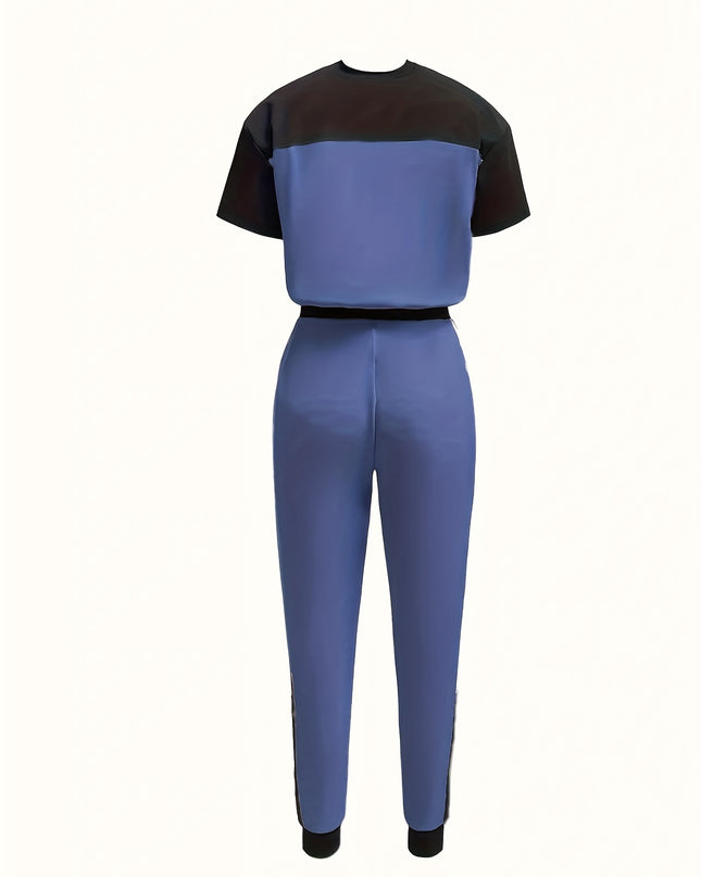 Casual Color Block Short Sleeve Round Neck T-Shirt and Long Pants Two-Piece Set