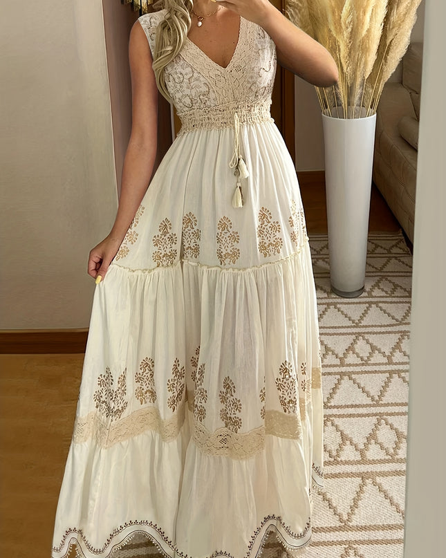 Vintage Floral Lace V-Neck Flare Sleeve Tiered Maxi Dress - Lightweight Breathable Non-Stretch Fabric, Hand Wash Only, Spring Summer Fall Women's Casual & Formal Dress, Lace Dress, Seasonal Fashion, Intricate Embroidery, Vaca - SeviSa