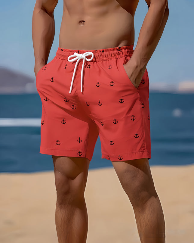 Men'S Plus Size Casual Beach Shorts - Double Layer, Quick-Dry, Drawstring Waist, Print Anchor Design, Red, Perfect for Tropical Vacations & Summer Sports, Beach Short - SeviSa