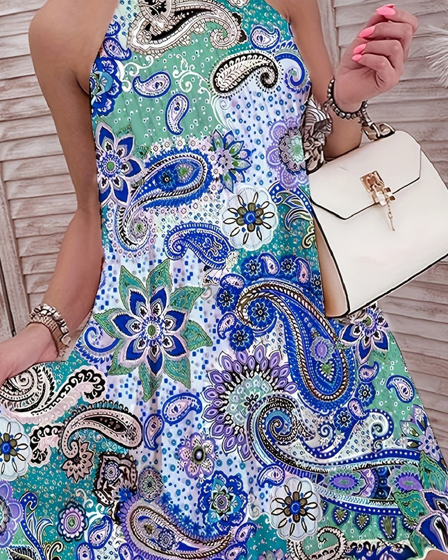 2024 European And American Summer New Geometric Pattern Printed Sleeveless Pleated Off-Shoulder Vacation Style Dress - SeviSa