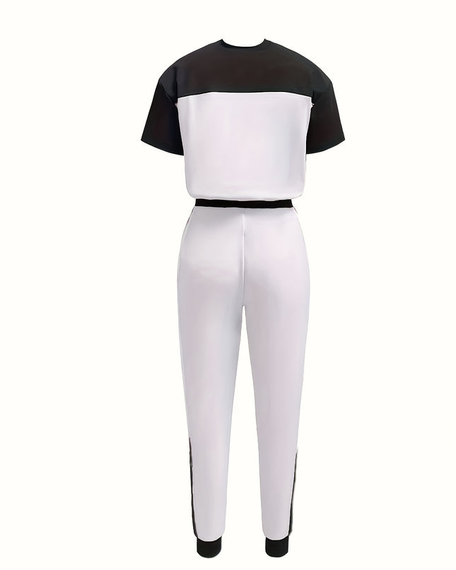 Casual Color Block Short Sleeve Round Neck T-Shirt and Long Pants Two-Piece Set